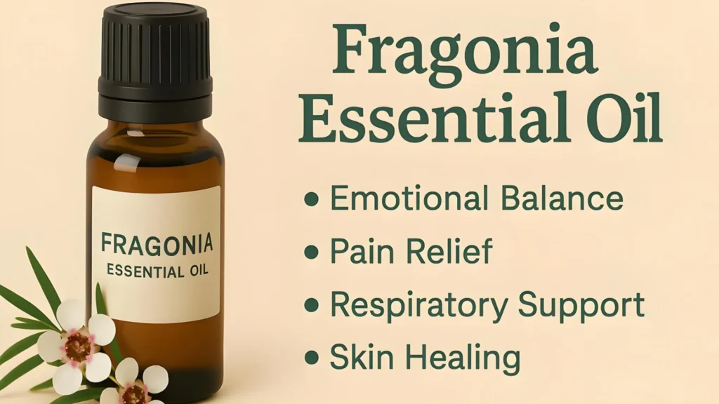 A bottle of Fragonia™ Essential Oil listing the Benefits for Skin, Emotions & Pain Relief., cannabis oil