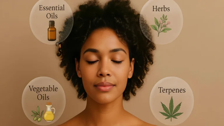 A woman with her eyes closed, surrounded by text bubbles for essential oils, vegetable oils, herbs, and terpenes - all part of holistic aromatherapy.