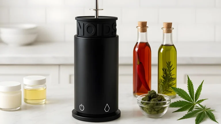 POT by NOIDS herbal decarboxylator with dried and fresh cannabis and bottles of culinary infused oil.