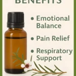 Infographic showing the fragonia essential oil benefits, a bottle of essential oil with a flower.