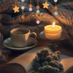 A relaxed cosy evening with cannabis tea, a candle and a book.