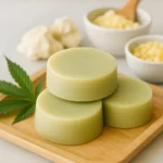 Emulsified cannabis lotion bars on a wooden tray.