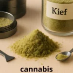 a pile of green powder next to a jar of marijuana