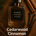 A bottle of perfume next to cinnamon sticks and vanilla pods.