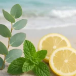 Lemon slices with fresh eucalyptus and spearmint leaves on a beach.