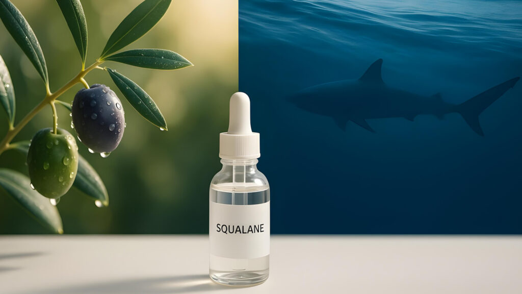 Split image showing fresh olives on a tree and a shark in the ocean to illustrate the origins of squalane vs squalene.