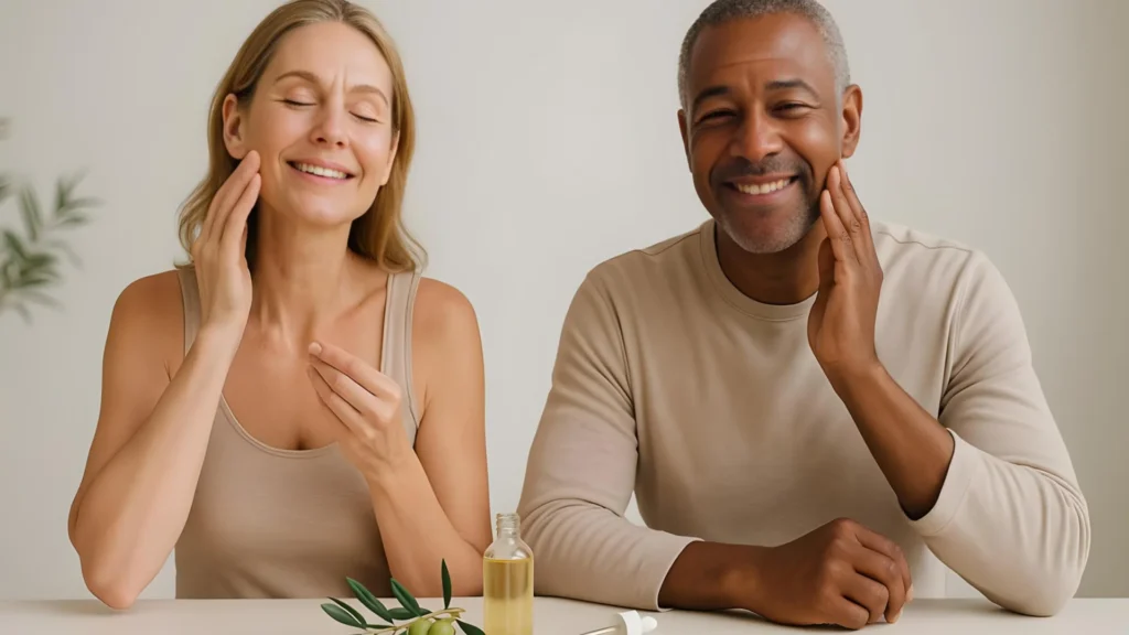 A man and a woman, both using olive Squalane vs Squalene.