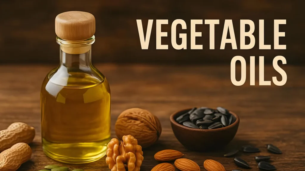 A bottle of oil next to nuts and seeds.