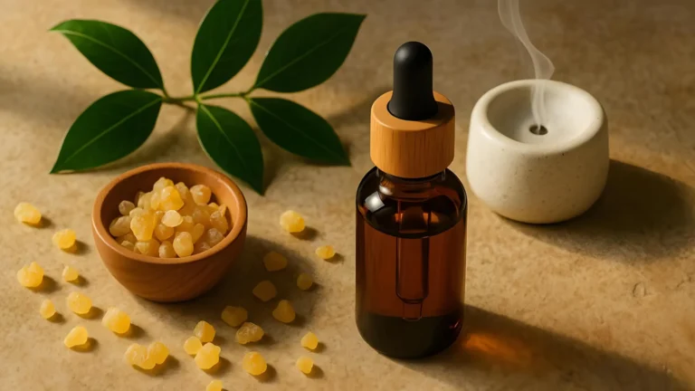A bottle of essential oil next to a bowl of frankincense resin chunks.