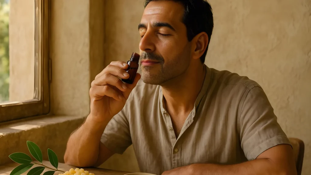 A man sniffing a small bottle of frankincense essential oil.