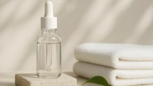A clear bottle of serum next to towels and a fresh leaf.