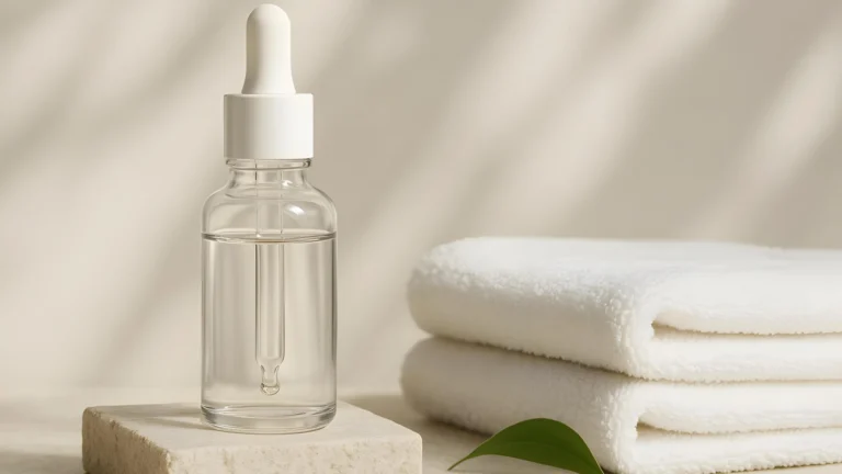 A clear bottle of serum next to towels and a fresh leaf.