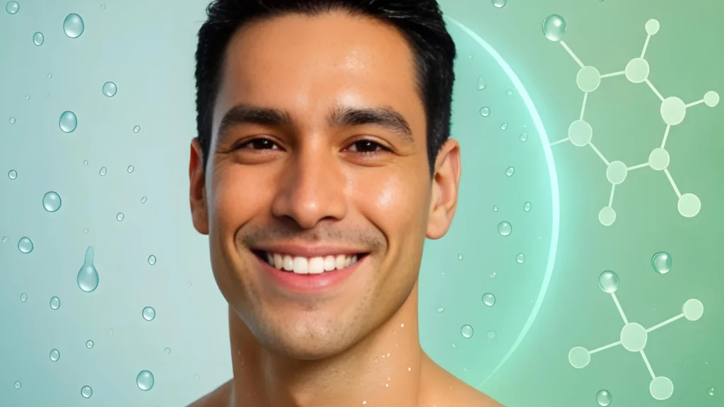 A man with well-hydrated skin showing the glycogen skincare benefits.