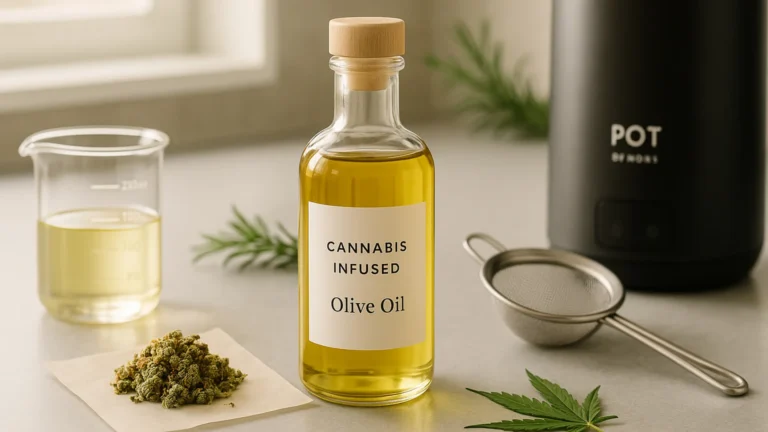 A bottle of cannabis infused olive oil next to a strainer and cannabis buds.