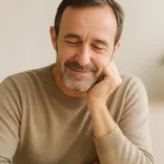 A relaxed man at a table looking at a dropper bottle and a fresh cannabis leaf.