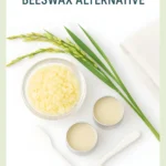 Rice Bran Wax flakes with two tins of balm and some fresh green rice stalks.