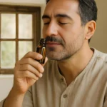 A man smelling a small bottle of frankincense essential oil.