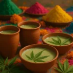 A group of cups and bowls of cannabis bhang with fresh cannabis leaves.