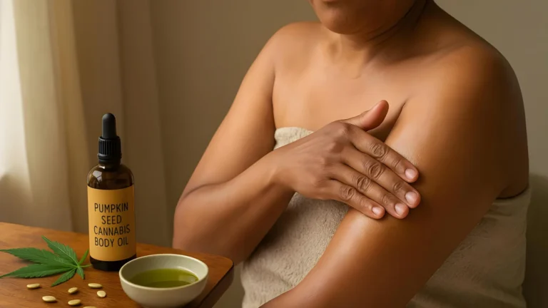 A woman applying pumpkin seed and cannabis body oil to her arm.