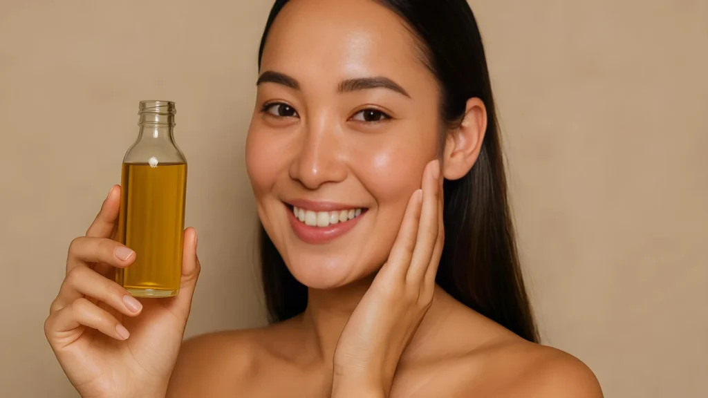A woman holding a bottle of rice bran oil.