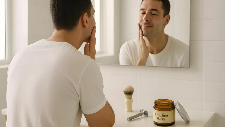 A man looking at himself in a mirror with a jar of Rosalina Balm by him.