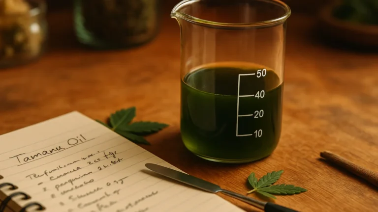A glass laboratory beaker half full of tamanu oil with a notepad and cannabis leaves nearby.