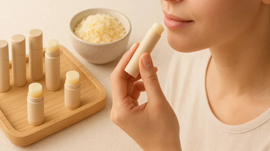 A woman using rice bran wax for cosmetics with several lip balms on a wooden tray.