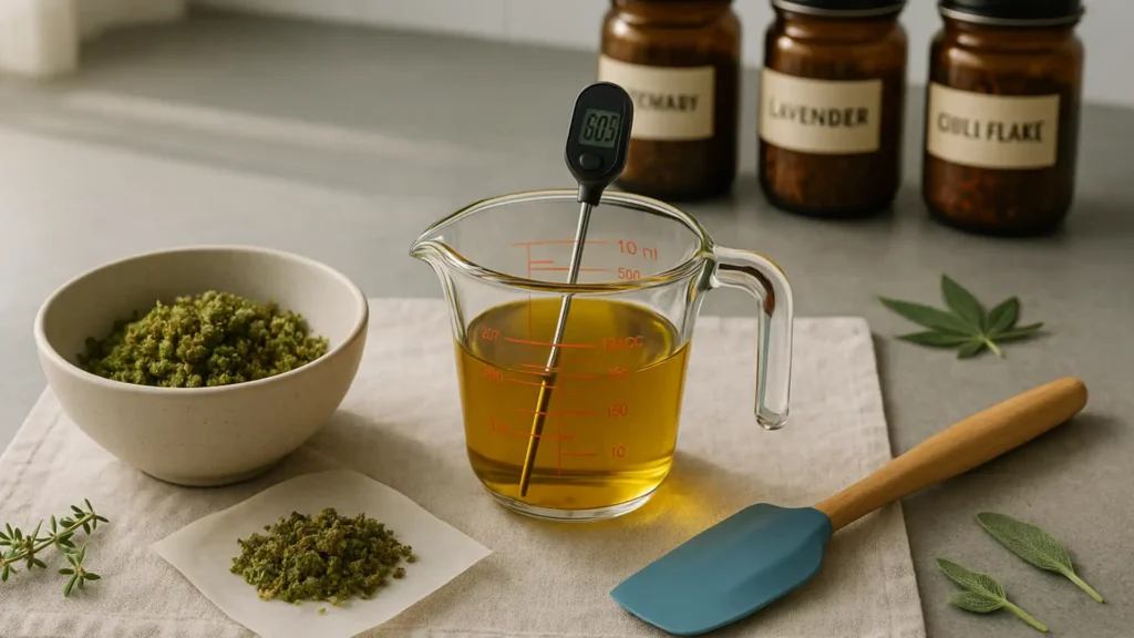 A measuring cup with cannabis infused oils and butters with dried cannabis and a spatula.