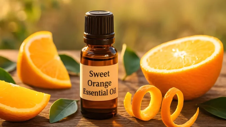 A bottle of orange essential oil with fresh-cut oranges.