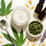 A jar of cannabis lotion with dried cannabis alongside.