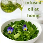 A cannabis-infused oil being drizzled over a fresh green salad.