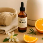A bottle of sweet orange essential oil, headphones, and a diffuser.