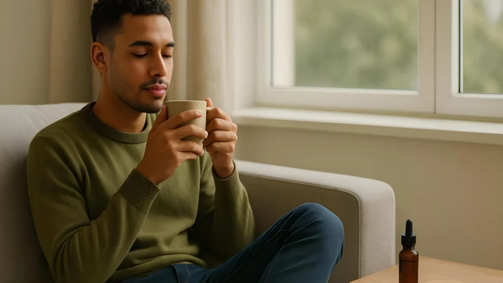 Man enjoying CBD tea - showing that CBD is psychoactive but not intoxicating, promoting calm, mood balance, and stress relief.