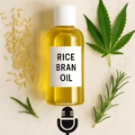 A bottle of Rice Bran oil with rice and fresh herbs.