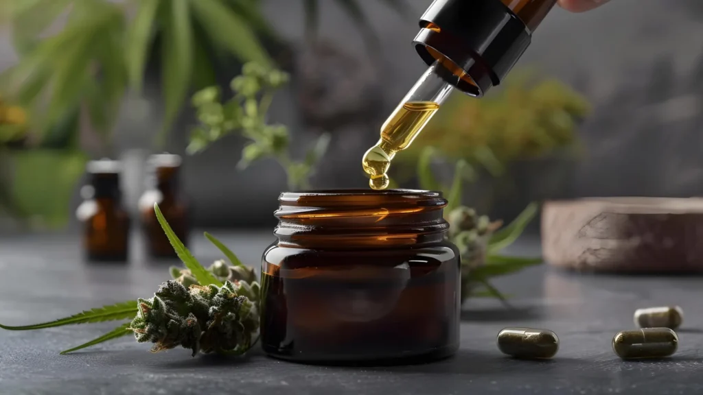 Cannabis terpenes for pain relief and inflammation with oil dropper, capsules, and hemp flower.