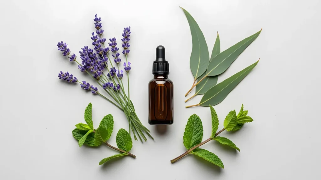 Essential oils for pain relief with lavender, peppermint, and eucalyptus leaves around a brown glass dropper bottle.