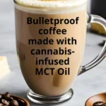 A glass mug of bulletproof coffee with frothy cream being poured on top, surrounded by coffee beans, butter, and a wooden spoon, made with cannabis-infused MCT oil.