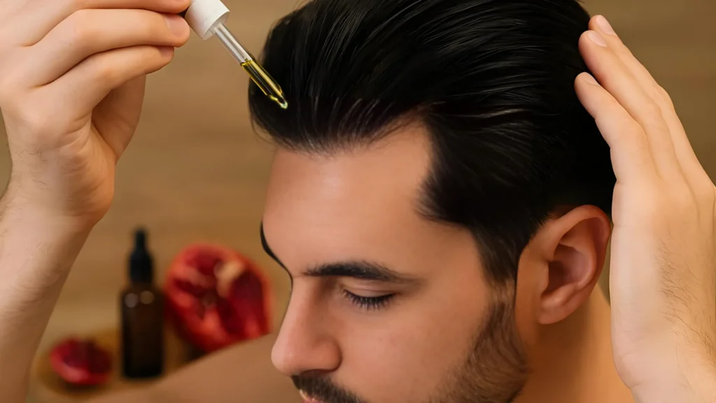Using pomegranate seed oil on scalp and hair for moisture and shine.
