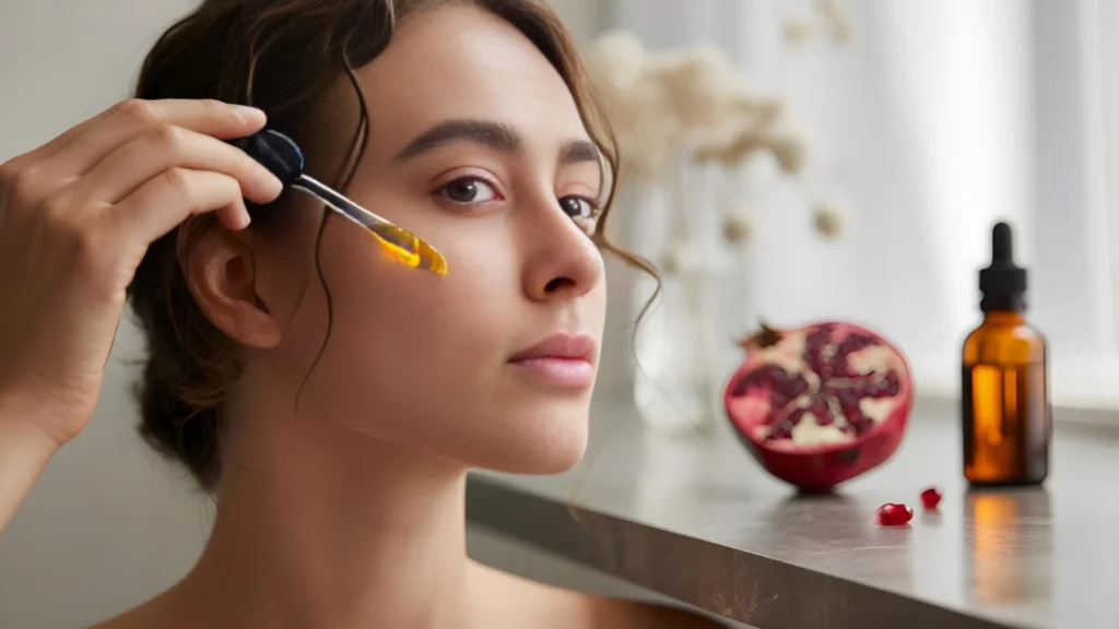 Applying pomegranate seed oil for skin and cannabis skincare routine.