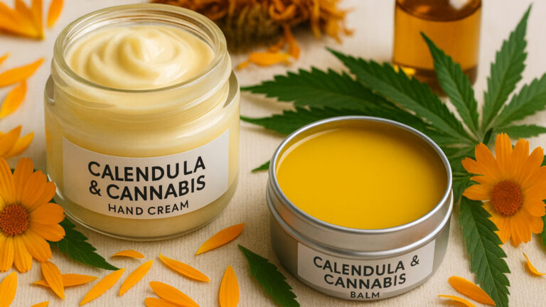 A jar of calendula hand cream recipe and calendula and cannabis balm.