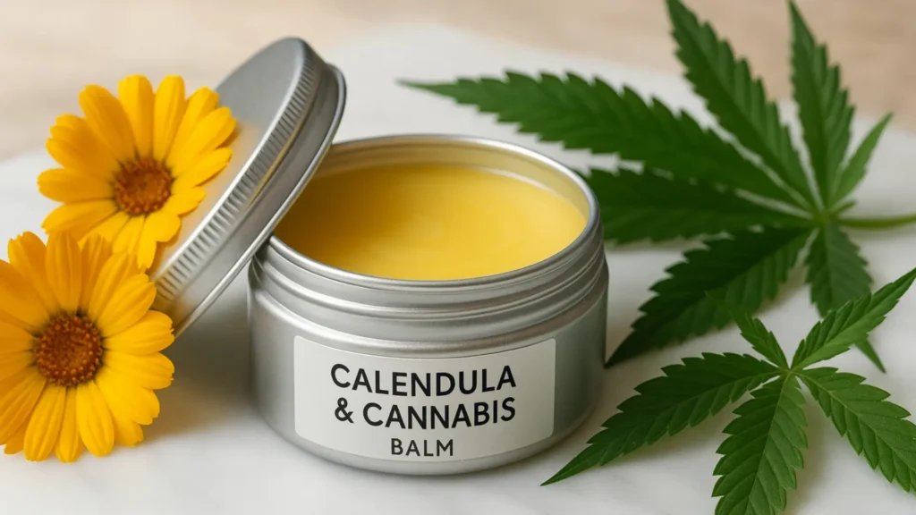 Balm with calendula and cannabis leaves