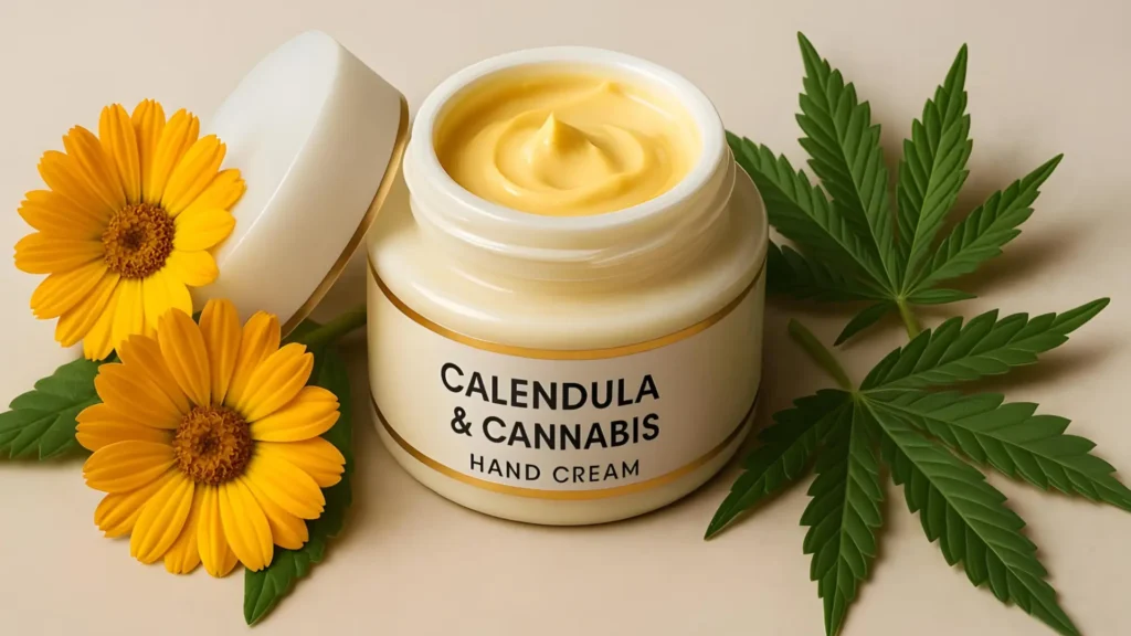 A pot of Calendula Hand Cream recipe with marigold flowers and cannabis leaves.
