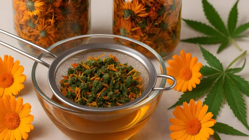 Infusing Calendula and Cannabis for calendula hand cream recipe.