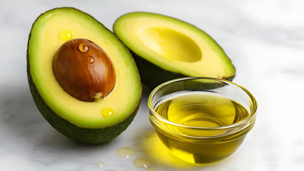 A freshly cut avocado with a small bowl of avocado oil.
