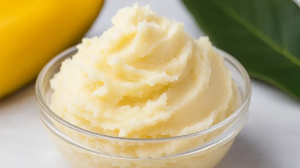 A bowl of creamy Mango Butter to make Mango Shea Body Butter.