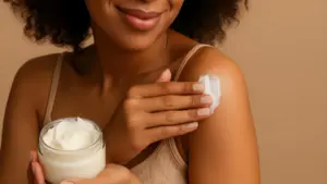 A woman applying Mango Shea Body Butter to her shoulder.