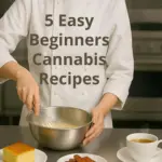 A chef stirring a batter mix with plates of cannabis cornbread, cannabis bacon, and cannabis tea in front of her.