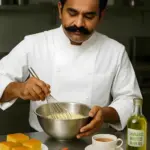 A chef whisking a bowl of batter with cannabis cornbread, cannabis oil, cannabis tea and cannabis bacon arranged in front of him.