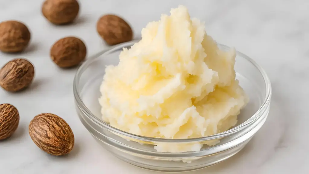 Shea nuts and a bowl of shea butter to make Mango Shea Body Butter.