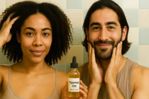 A woman massaging Tigernut oil into her hair and a bearded man massaging Tigernit oil into his beard and on his face.